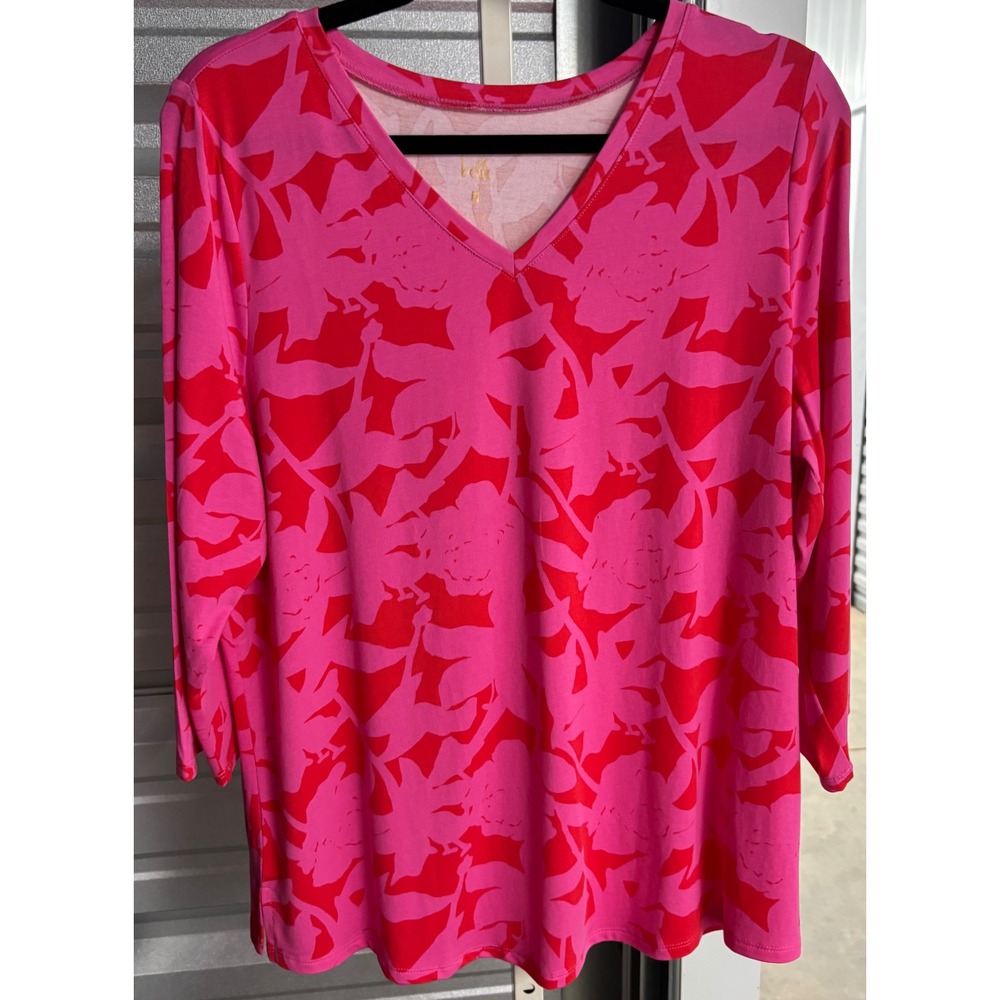 Belle by Kim Gravel Pink Red Floral Leaf V-Neck 3/4 Sleeve Top Large